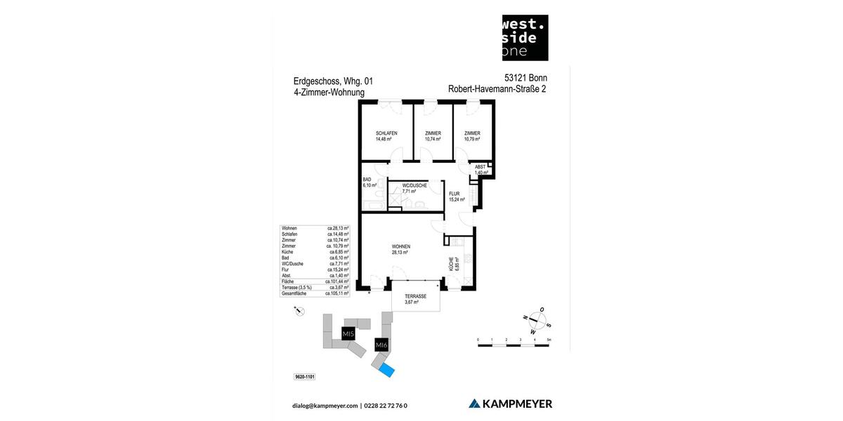 Erdgeschoßwohnung Bonn Dransdorf - 4 Zimmer, 105 m&sup2;, 1.435&euro; | Angebot:25416442