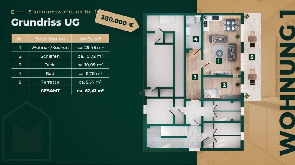 Etagenwohnung Bonn Dottendorf - 2 Zimmer, 62 m&sup2;, 380.000&euro; | Angebot:26127461