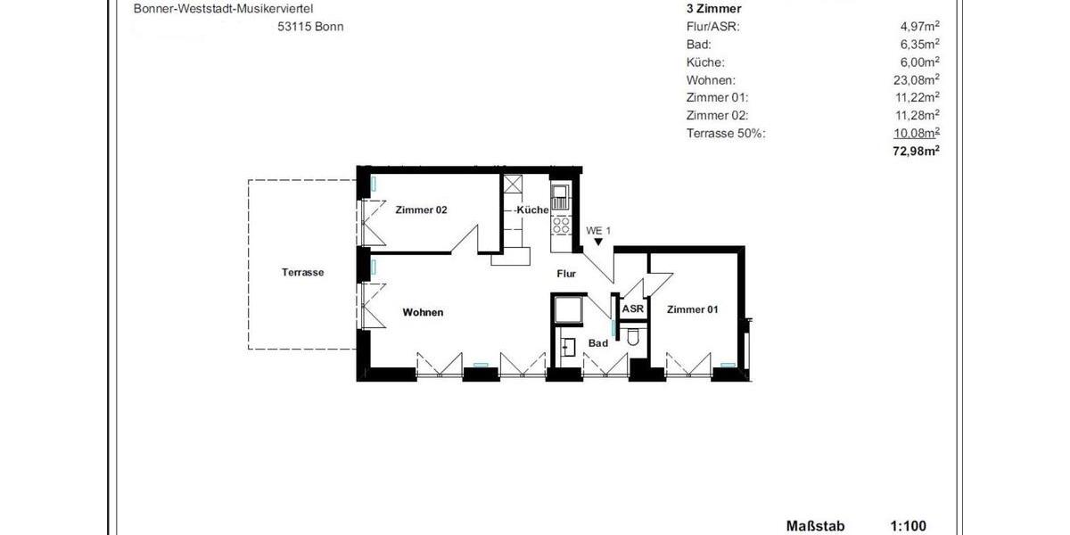 Erdgeschoßwohnung Bonn Poppelsdorf - 3 Zimmer, 73 m&sup2;, 1.030&euro; | Angebot:25267797