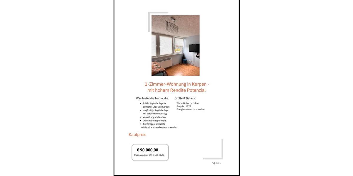 Etagenwohnung Elsdorf - 1 Zimmer, 34 m&sup2;, 90.000&euro; | Angebot:24694456