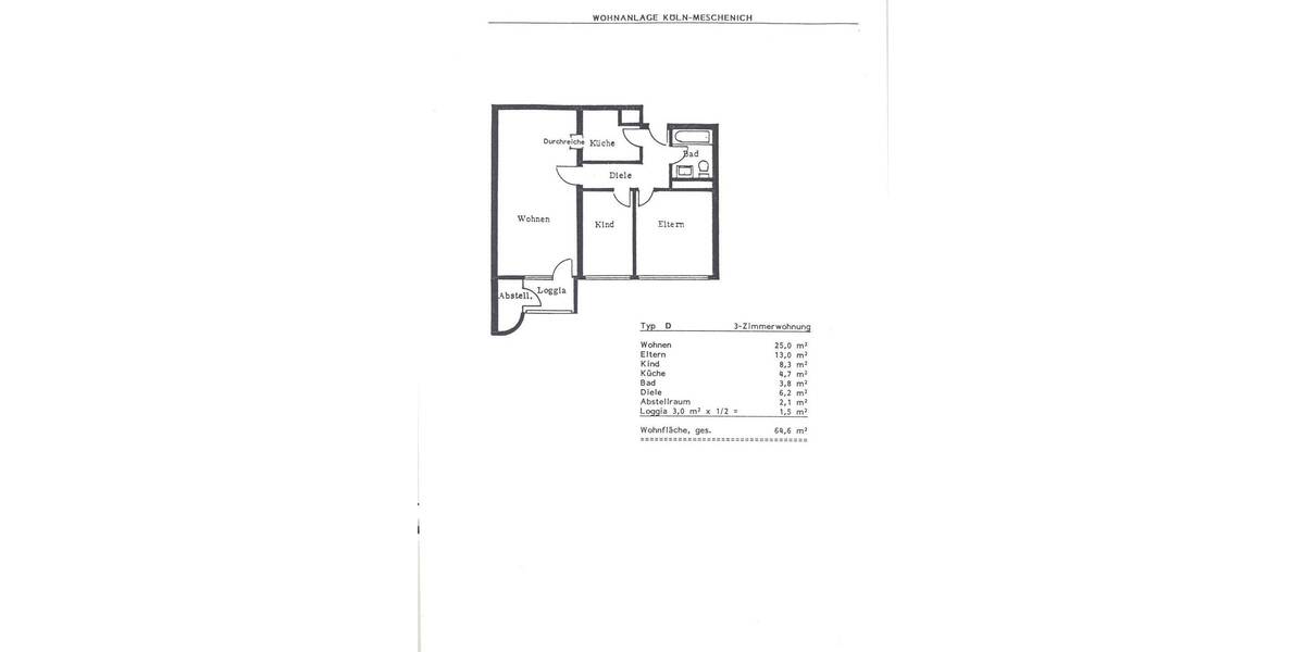 Etagenwohnung Köln Meschenich - 3 Zimmer, 64 m&sup2;, 990&euro; | Angebot:26819729