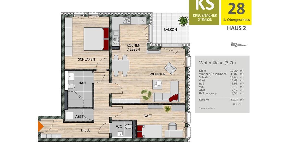 Etagenwohnung Köln Rodenkirchen - 3 Zimmer, 85 m&sup2;, 1.860&euro; | Angebot:26338403