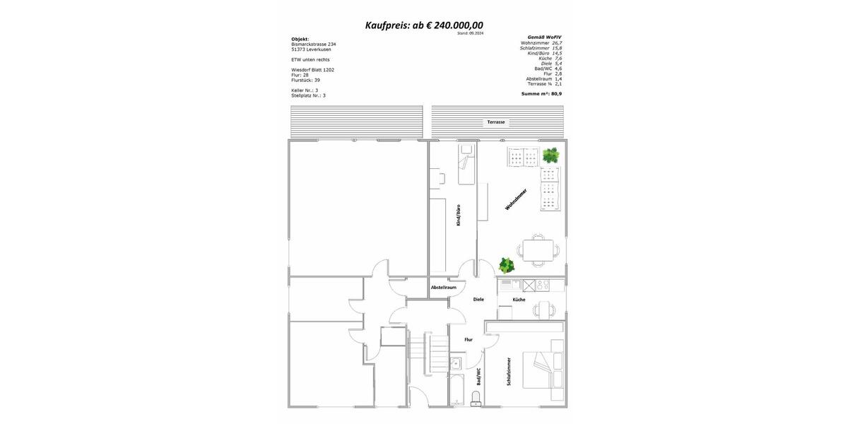 Erdgeschoßwohnung Leverkusen - 3 Zimmer, 80 m&sup2;, 240.000&euro; | Angebot:25615051
