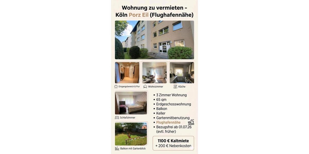 Erdgeschoßwohnung Köln Kalk - 3 Zimmer, 65 m&sup2;, 1.100&euro; | Angebot:26261246
