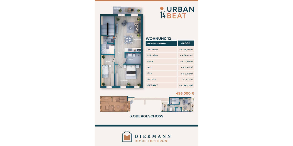 Etagenwohnung Bonn Zentrum - 3 Zimmer, 66 m&sup2;, 460.000&euro; | Angebot:26078296