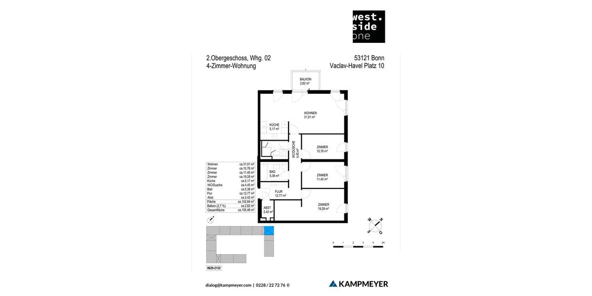 Etagenwohnung Bonn Dransdorf - 4 Zimmer, 105 m&sup2;, 1.425&euro; | Angebot:26442281