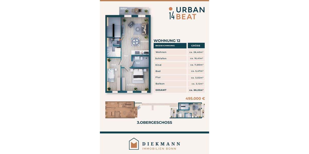 Etagenwohnung Bonn Zentrum - 3 Zimmer, 66 m&sup2;, 475.000&euro; | Angebot:24356791